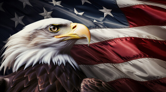 Bald eagle flying over American flag  with copy spacing Veterans Day. Memorial Day. Independence Day. Patriot Day. Banner