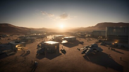 Military base camp in desert. Scifi illustration in high resolution and realistic style - obrazy, fototapety, plakaty