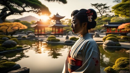 Fototapeta premium Traditional Japanese Garden with Geisha. Extremely detailed and realistic high resolution illustration