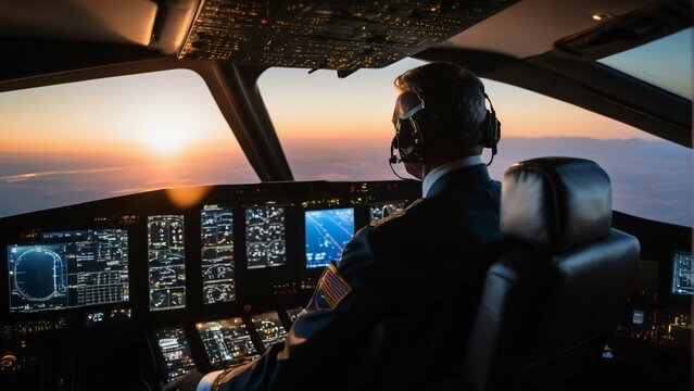 Pillote in cockpit with sunset in background. Extremely detailed and realistic high resolution illustration