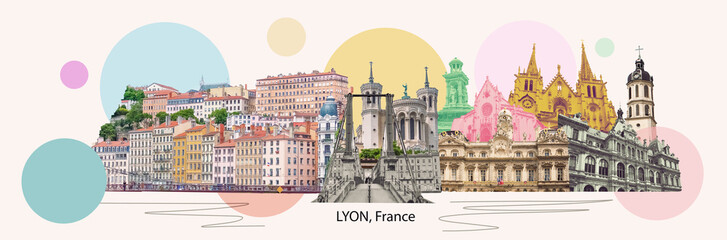 Lion, France - The view from river Sona to the bridge and Lyon city, France, Collage or art design