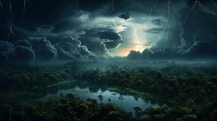 thunderstorm in the amazonian forest Generative AI - obrazy, fototapety, plakaty