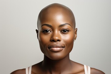 Black bald woman look camera on grey background close up studio portrait