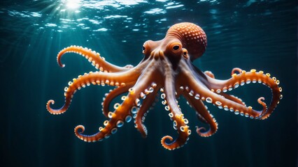 Octopus underwater. Closeup. Extremely detailed and realistic high resolution illustration - obrazy, fototapety, plakaty