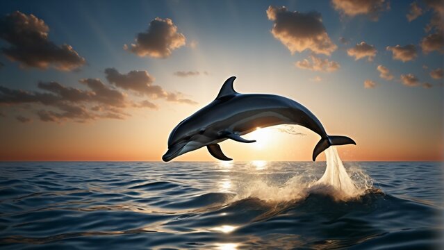 Dolphin jumping out of the sea with water splashing. Sunset in background. Extremely detailed and realistic high resolution
