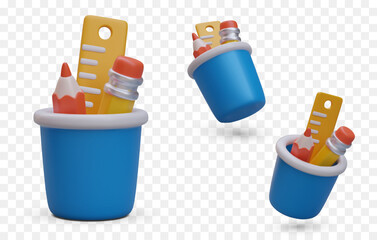 Realistic cup with pencils, ruler. Stand for stationery. Color icons in cartoon style. Cute isolated illustrations for educational project, school supplies shop. Office items