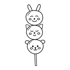 Japanese cute animal-shaped sweet mochi dango balls. Asian food mitarashi dango linear icon. Hand drawn doodle illustration.