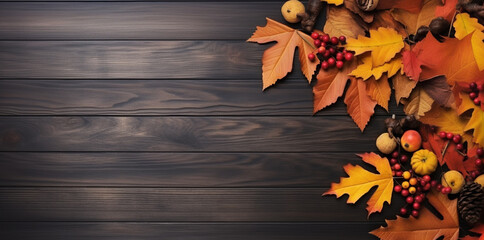 Flay lay top view background photo of orange autumn leaves on dark plank wood backdrop. Autumn season background copy space for product placement concept. Generative AI