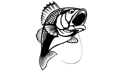 Fishing bass logo. Bass fish with rod club emblem. Fishing theme illustration. Fish Isolated on white.
