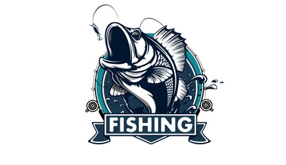 Fishing bass logo. Bass fish with rod club emblem. Fishing theme illustration. Fish Isolated on white.