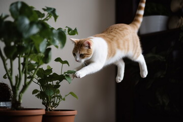 Red domestic naughty cat jumps to push house plant in pot