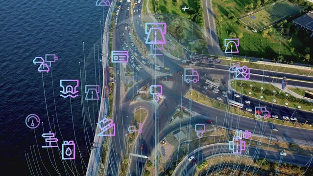 Intelligent Vehicles Cars Communicating Ai Logistic Autonomous Delivery Vehicles IoT GPS Tracking Satellite 5G Smart Roads Traffic Road Junction Interchange Motorway Triangulation Of Traffic Data