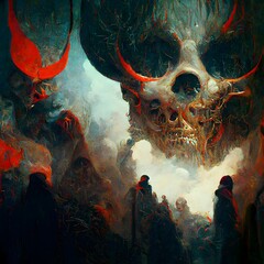 demon overlord with army of small demons skull head with horns in hell high detail 8K 