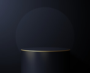 Realistic 3d cylinder pedestal podium with neon glowing, neon light. Abstract vector rendering geometric forms. Stage for showcase, Product display