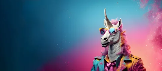 Muurstickers Creative animal concept. a unicorn wearing sunglasses and a suit. copy space. generative ai © kabir