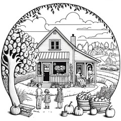 cartoon pen and ink black and white country fruit and farm stand in midsummer families kids at the farm stand outline style line art folk art style zentangle ultra swirly style coloring book page 