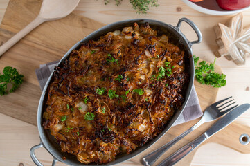 Swedish meatloaf with cabbage topping. Traditional Kalpudding
