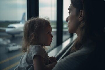 Mother and daughter looking at airplane window in airport terminal. Family travel concept