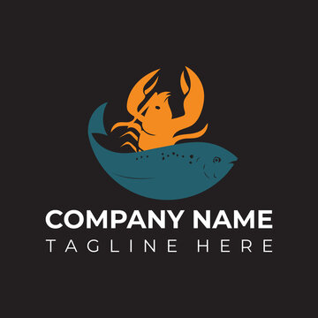 New logo for a fish farm, Lobster with Salmon Silhouette Icon on Black Background. Vector.