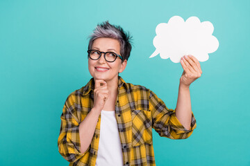 Photo of attractive retired woman touch chin paper cloud dressed stylish checkered yellow clothes...
