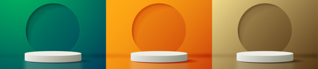 Realistic 3d cylinder pedestal podium set. Abstract vector rendering geometric forms. Pastel minimal scene. Stage for showcase, Product display