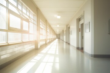 A deserted hospital corridor under bright light, a deserted hospital corridor