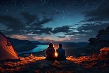 Imaginative couple camping outdoors and watching the starry sky at night, camping at night starry sky, couple watching the starry sky - obrazy, fototapety, plakaty
