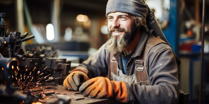 portrait of Brazer, who brazes together components to assemble fabricated metal parts, using torch or welding machine and flux