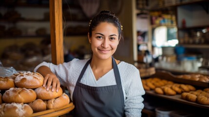 Mexican woman in family bakery. Bakery with fresh pastries. Generative AI - obrazy, fototapety, plakaty