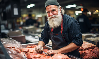 Dedicated Butcher Skillfully Preparing Meat for Retail Sale.