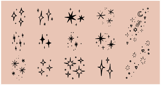Set of hand drawn vector stars and sparkles, doodle style