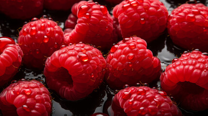 Ripe raspberries glistening with tiny droplets of water. The vibrant red hues and the crystal-clear water droplets create a visually appealing and refreshing image.