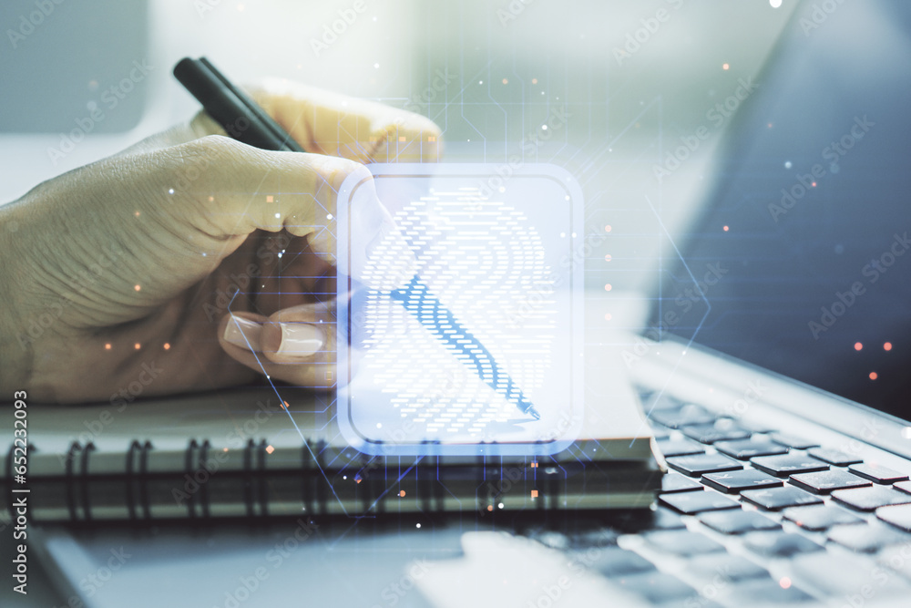 Poster Abstract creative fingerprint concept with hand writing in notebook on background with laptop. Multiexposure