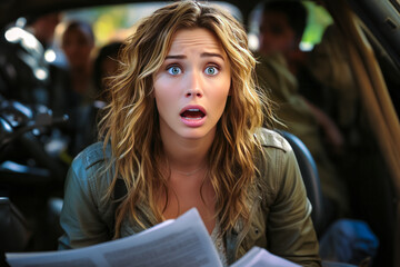 Engrossing scene of a perplexed motorist woman engrossed in reading her car manual, radiating uncertainty and bewilderment under the hood.