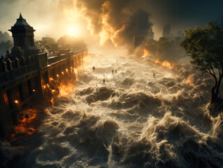 Amidst a hyperdetailed city downtown, a massive dam gives way, causing a flood. The surging water smashes into high-rises, producing large splashes accentuated by cinematic lighting. 