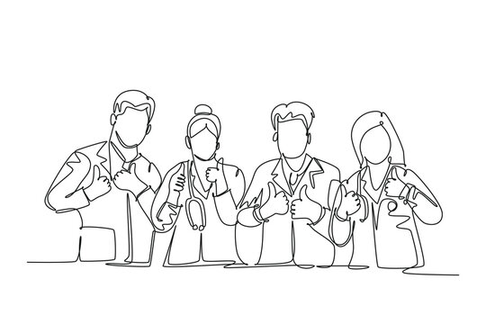 Single one line drawing groups of young happy male and female doctors giving thumbs up gesture as service excellence symbol. Medical team work. Continuous line draw design graphic vector illustration