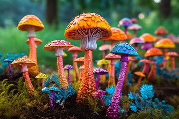 Magic mushrooms. Psychedelic hallucination. Vibrant illustration. 60s 70s hippie colorful art