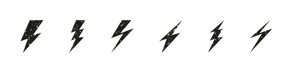 Lightning thunderbolt icon in grunge vector style. Flash thunder bolt electrical symbol collection.