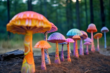 Magic mushrooms. Psychedelic hallucination. Vibrant illustration. 60s 70s hippie colorful art