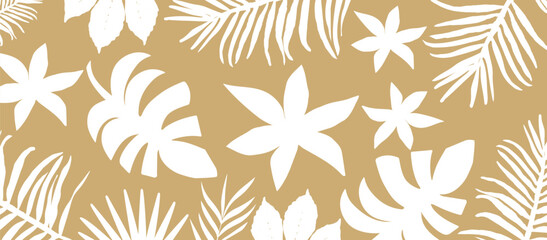 Monochromatic nature inspired shapes. Cute botanical elements pattern, random cutouts of tropical leaves and flowers. Decorative abstract art vector illustration	