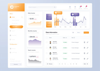 Infographic dashboard. UI design with graphs, charts and diagrams. Web interface template for business presentation.