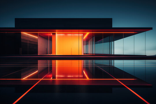 Modern building exterior with futuristic orange lighting glass facede design