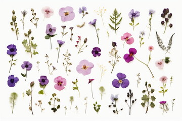 Arrangement of spring purple flowers against a white background. Blooming concept. Flat lay