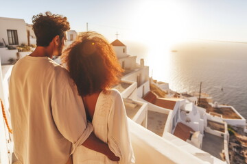 Beautiful young woman and man on their summer vacation walk on greek island Santorini