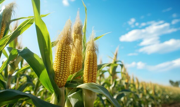 macro of fertile and green corn field, generative ai