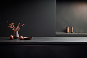 Close-up dark minimalist kitchen and decoration