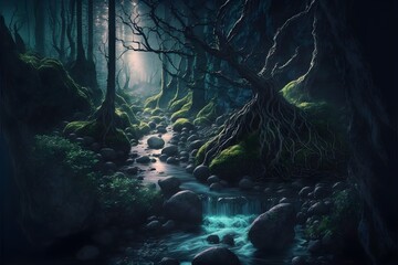 dark fantasy forest with winding streams and boulders realistic 