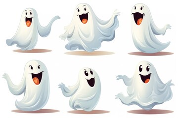 Obraz premium Set of cute funny cartoon ghosts on white background. Halloween concept.