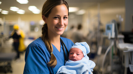 Nurse holds one-day-old baby, newborn baby