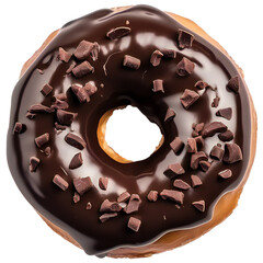 A single chocolate glazed donut with chocolate chips isolated on transparent - obrazy, fototapety, plakaty